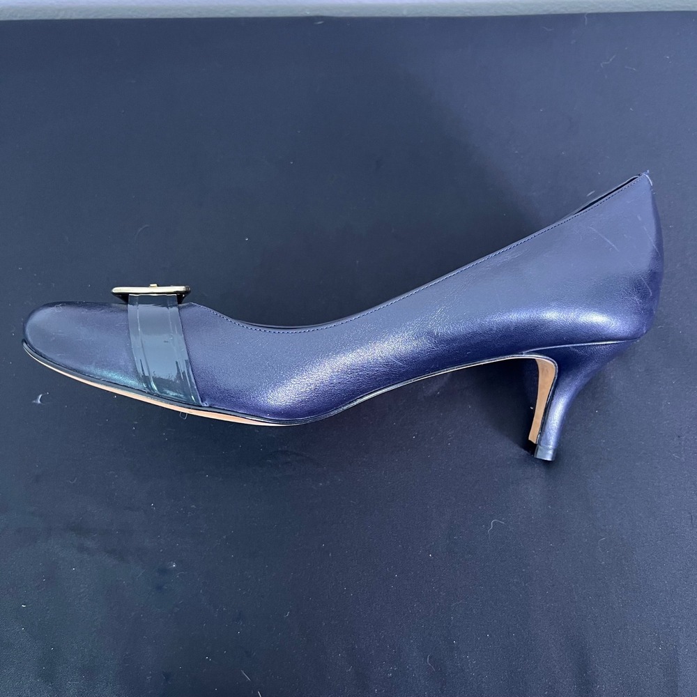 Cole Haan Nike Air Pumps 10.5 Navy Blue Leather Kitten Heel Buckle Office Luxury - Picture 7 of 10